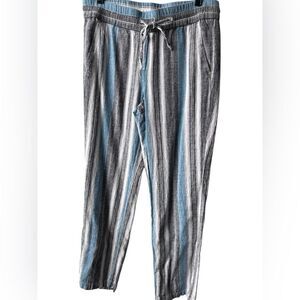 Ann Taylor Factory Linen Blend Elastic Waist Striped Pants Medium Blue Coastal